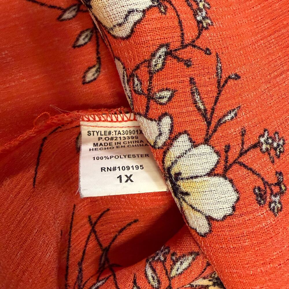 Love J Orange Floral Boho Peasant Tie Short Sleeve Blouse Womens 1X - Picture 5 of 7